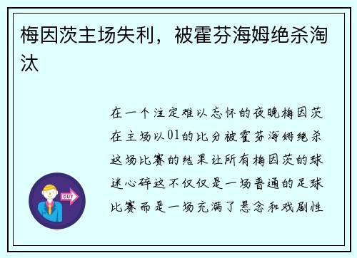 梅因茨主场失利，被霍芬海姆绝杀淘汰