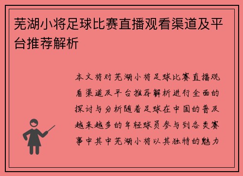 芜湖小将足球比赛直播观看渠道及平台推荐解析